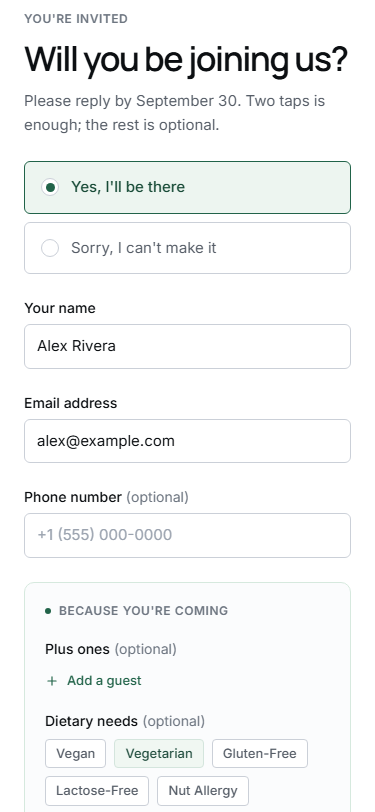 The public guest RSVP demo displays name, email, attendance choices, and additional response fields.