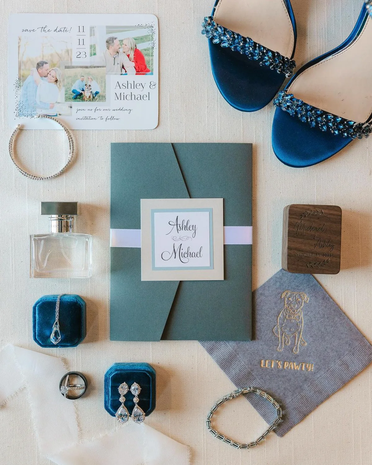 Blue custom wedding invitation suite and save the date by Kindly RSVP Designs