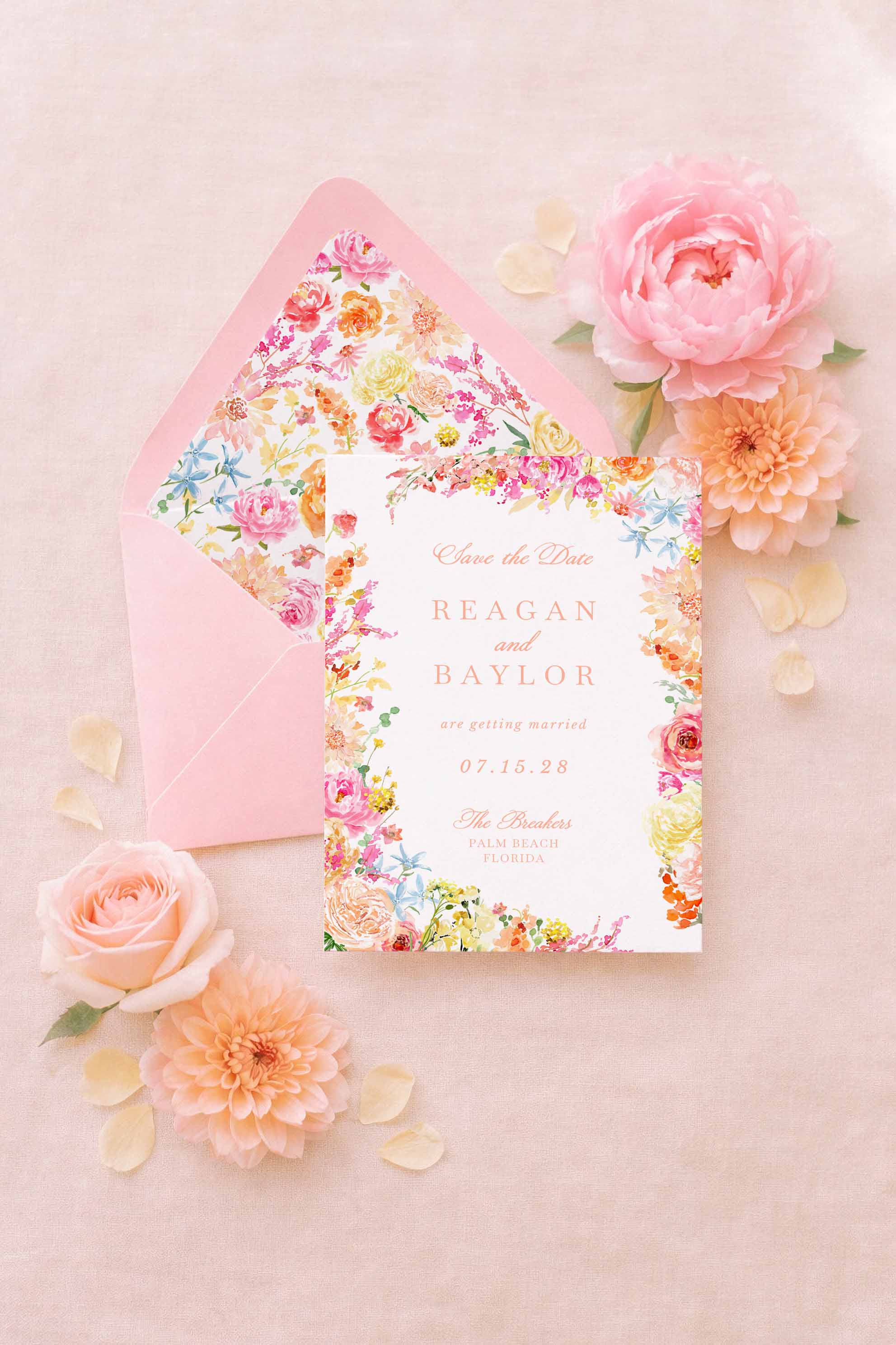Colorbloom save the date and floral envelope liner by studioACK