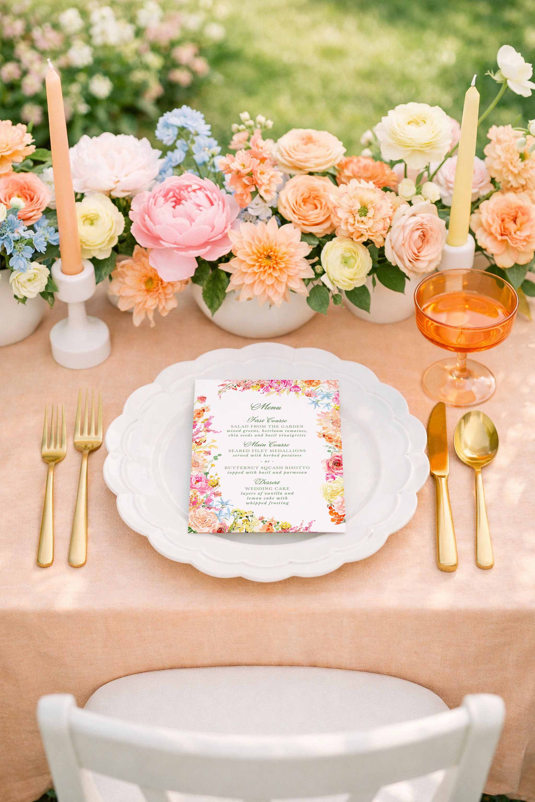 Colorbloom wedding menu with hand-painted floral border by studioACK