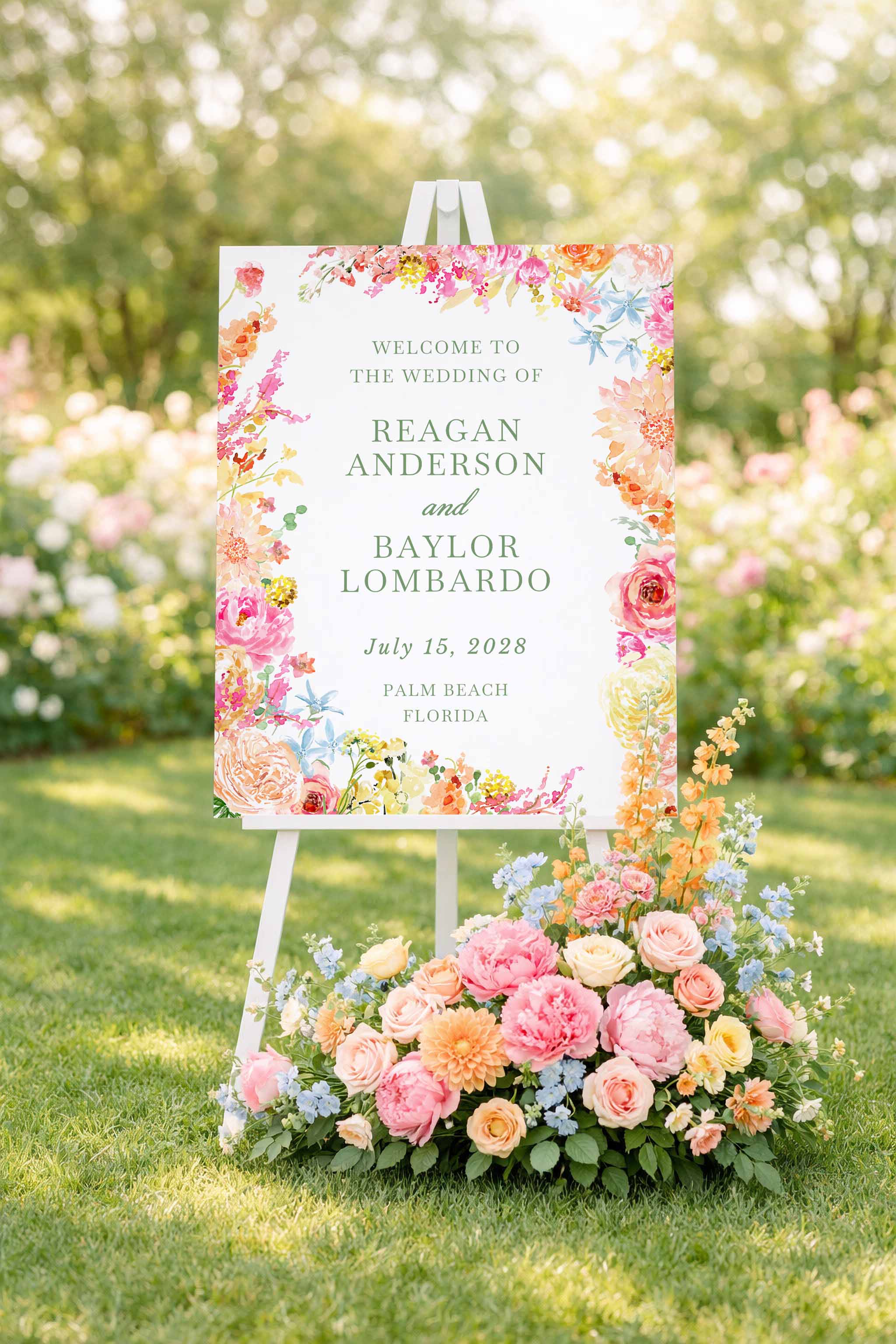 Colorbloom wedding welcome sign displayed on an easel by studioACK