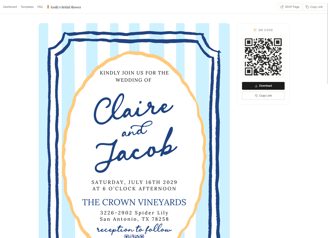 Confrmly event showing a completed test invitation beside its event-specific QR code and download action