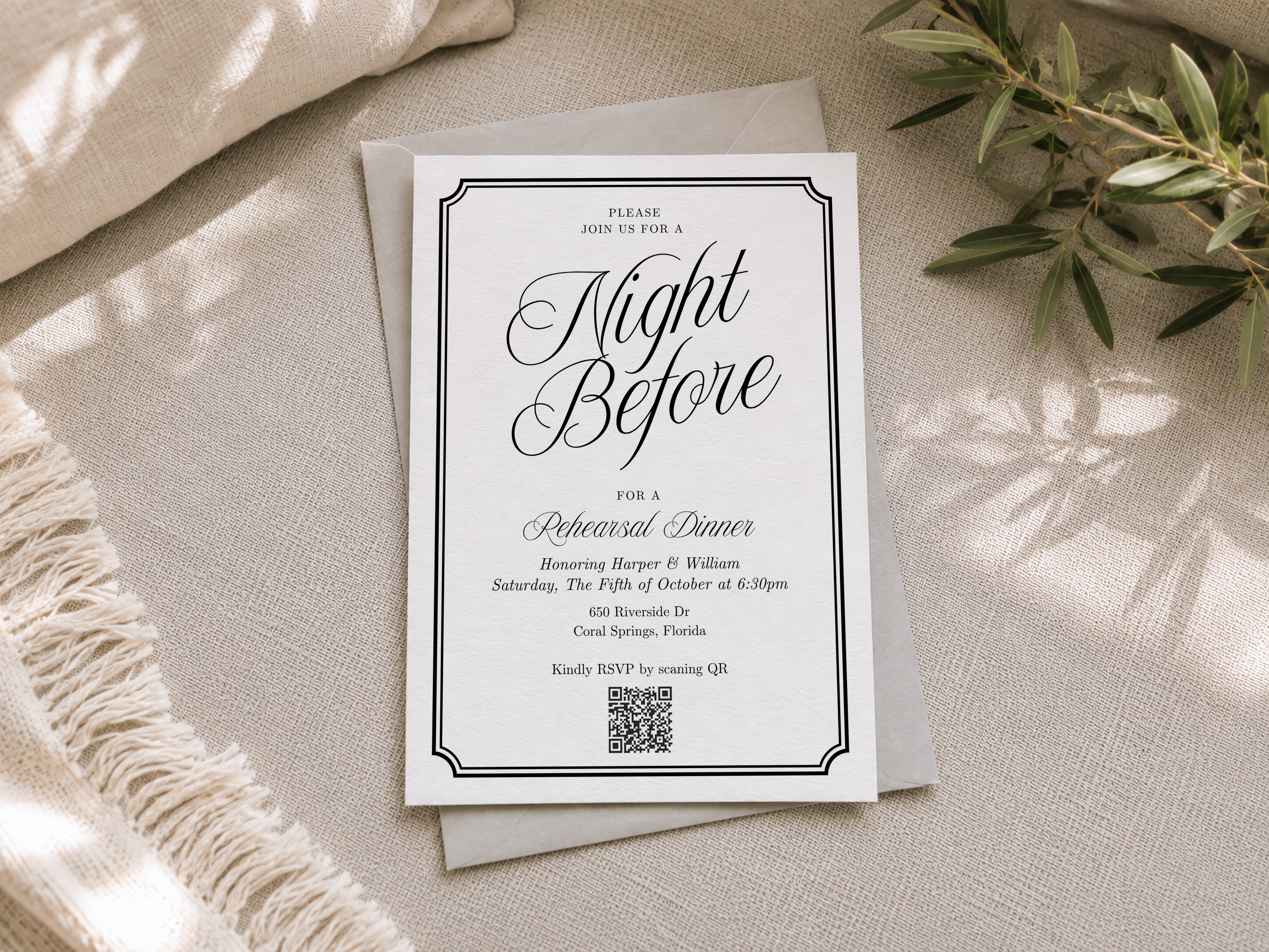 Night Before rehearsal dinner invitation with an RSVP QR code below the event details