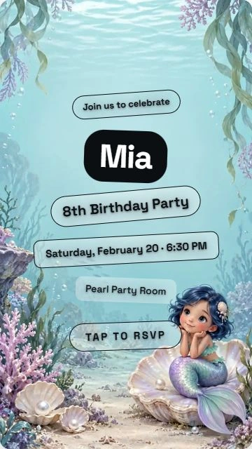 The real portrait editor preview shows Mia's fictional birthday at Pearl Party Room with free video and text styling.