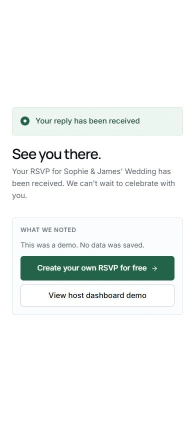 The actual guest demo confirmation states that the example reply was not saved.