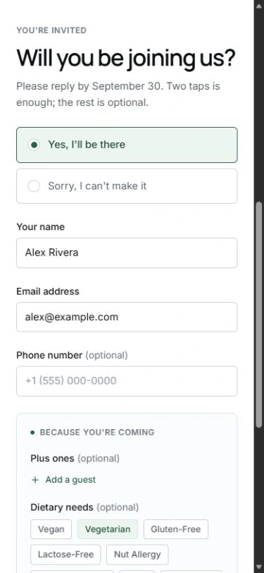 The real public guest RSVP demo shows name, email, attendance choices, and optional questions at mobile browser width.