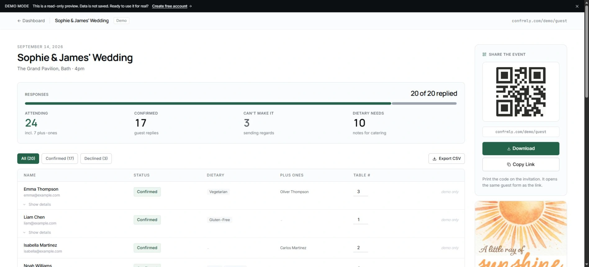 The real read-only dashboard demo displays example attendance totals, additional guests, and response rows.