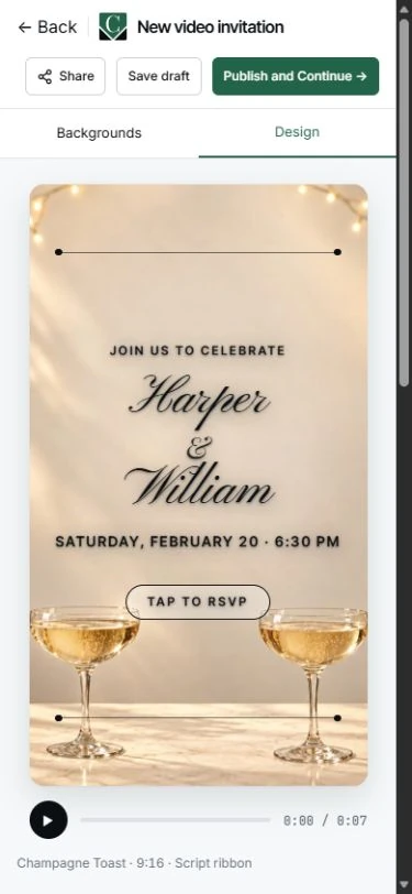 A free wedding video invitation preview displays fictional names and event details at mobile width.