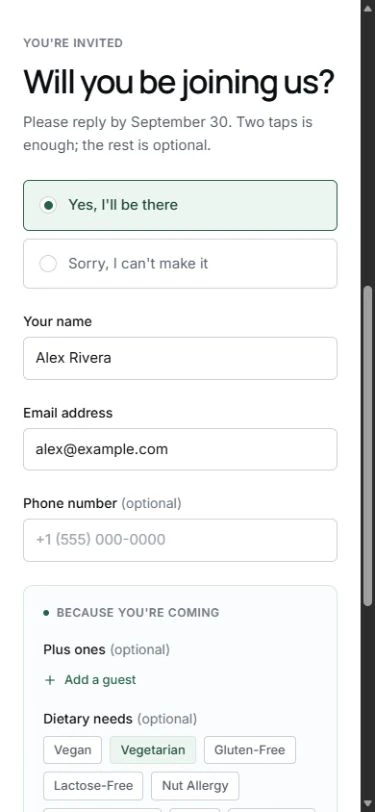The public RSVP demo shows fictional guest details, attendance choices, and optional response fields.