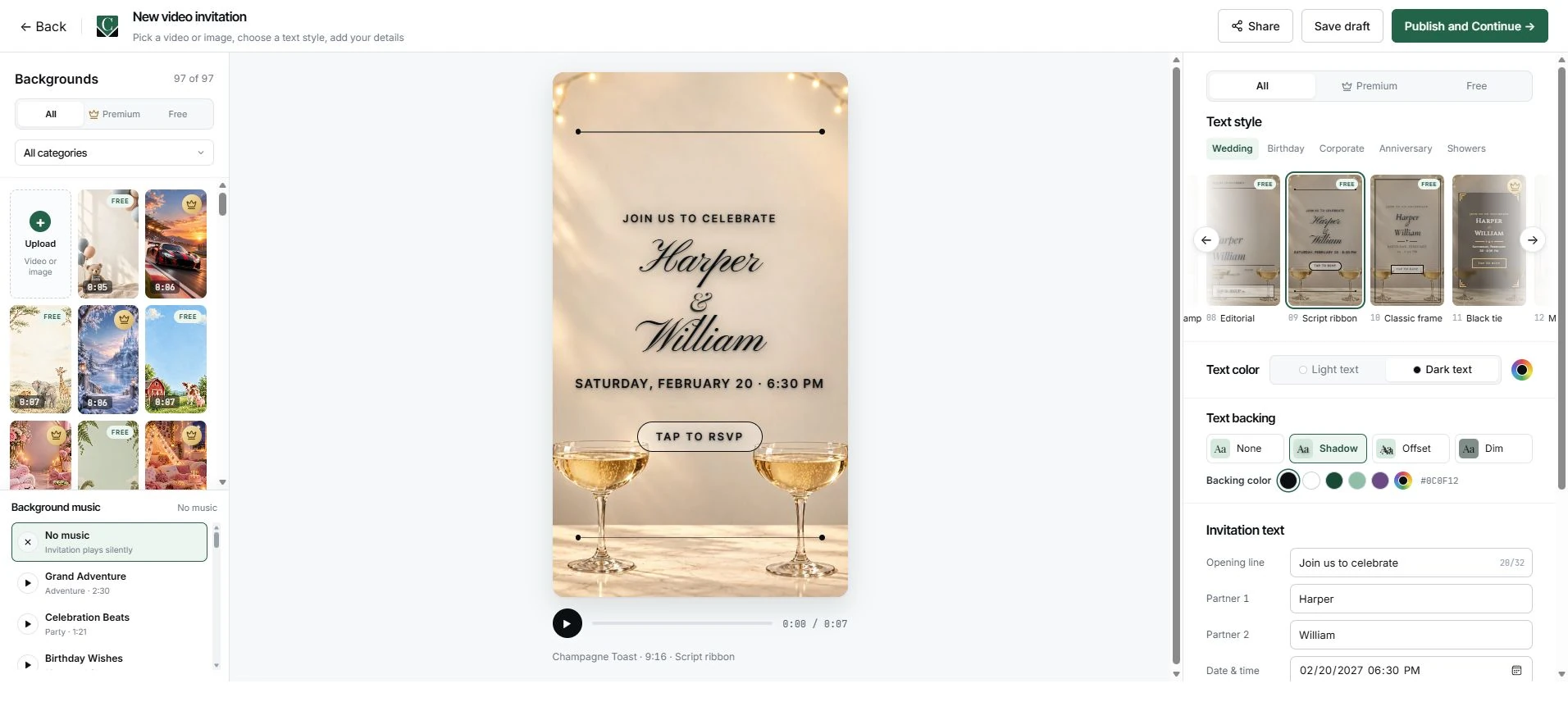 The video invitation editor shows Free and Premium design labels beside a wedding preview.
