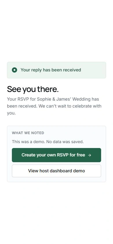 The actual public guest demo confirmation explains that the reply was a demonstration and no data was saved.