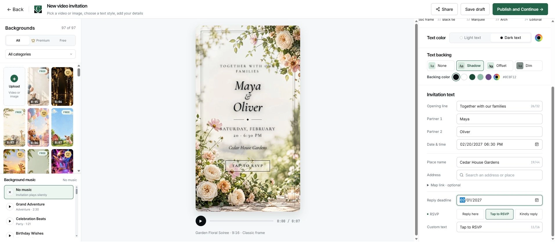 The actual invitation editor displays the Free Garden Floral Soiree wedding video with the Free Classic frame text style.