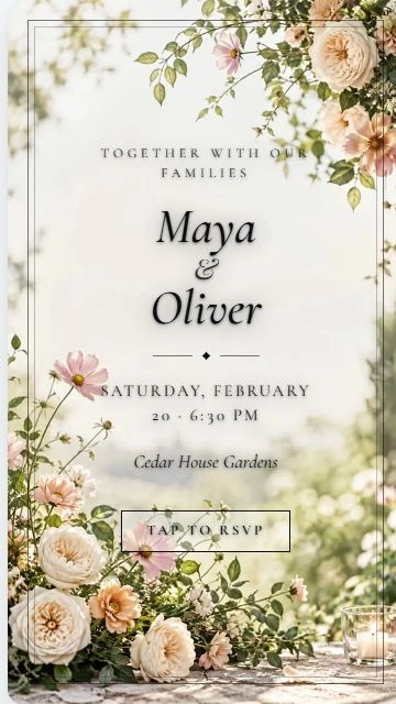 The real portrait editor preview shows Maya and Oliver's fictional wedding at Cedar House Gardens using a free floral video and text style.